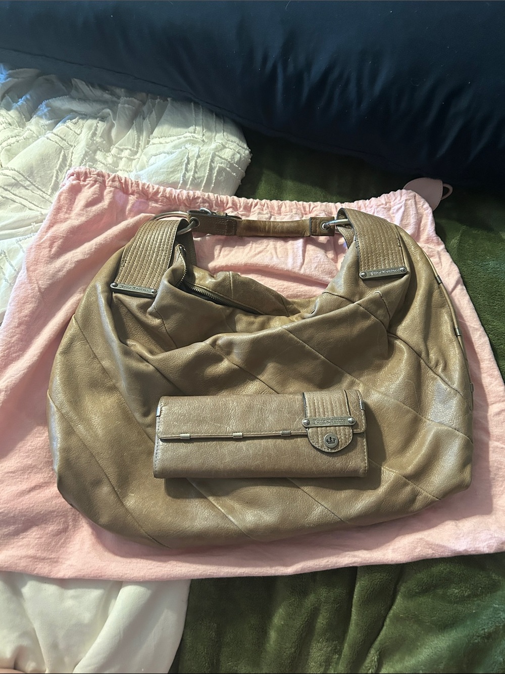 Y2K Juicy Couture Gray Leather Hobo Bag with Matching Wallet